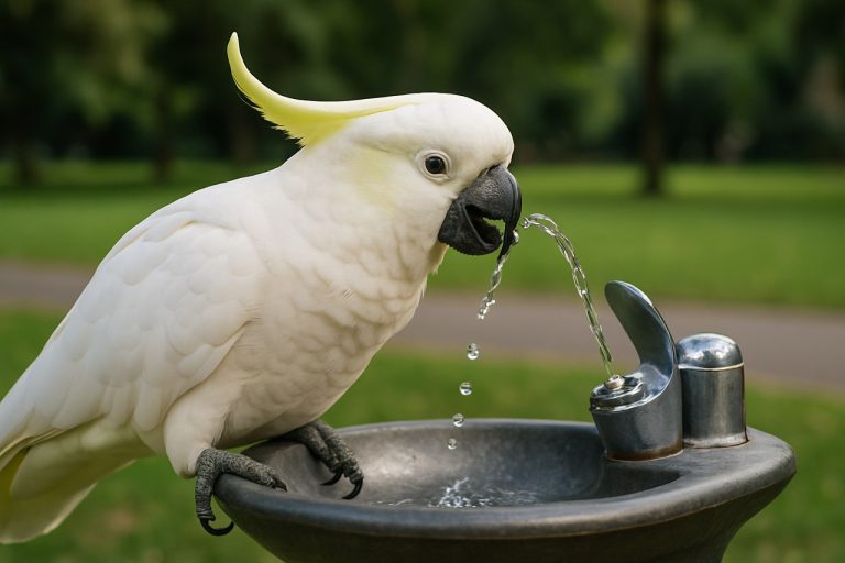 スマートなオウムたちがシドニーで知恵を絞り、水を飲むためにウォーターファウンテンを操作している